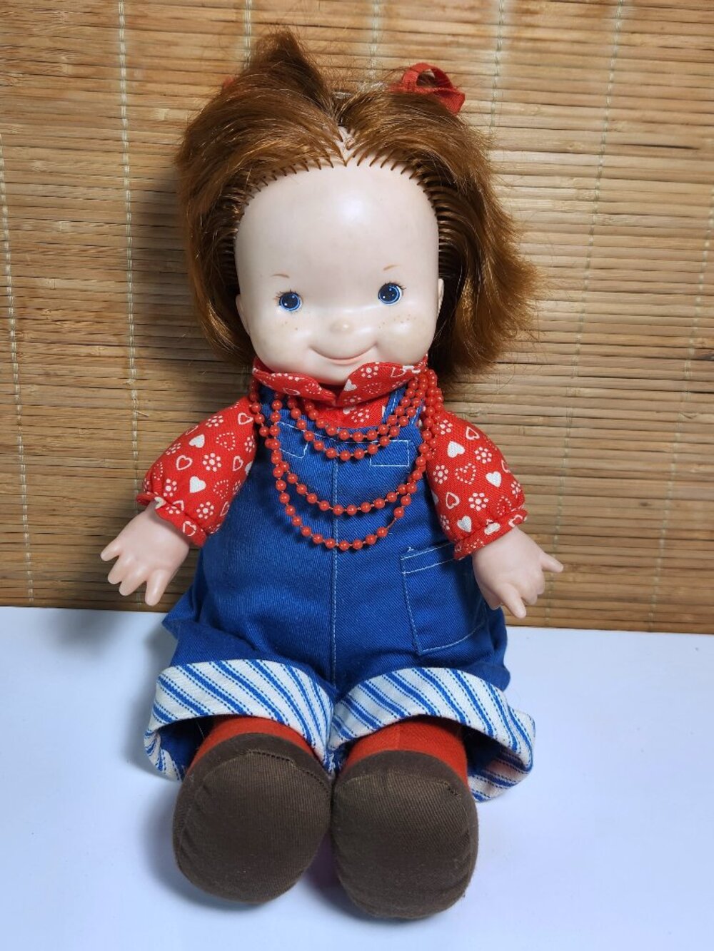 Vintage 1973 Fisher Price Audrey Lapsitter Doll 203 Overalls Hearts Necklace 13"